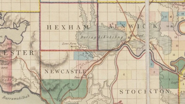 Hexham (Burraghihnbihng) as it appears in Joseph Cross/Henry Dangar 1828 Map. Source: Hunter Living Histories.