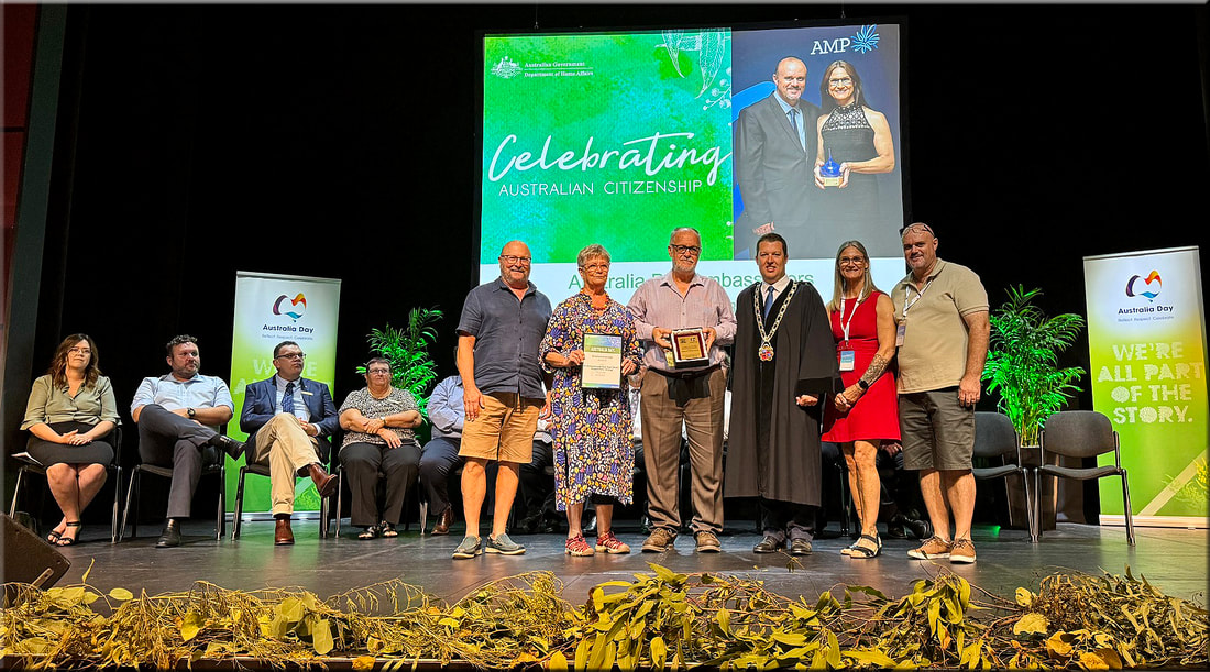 Image 6: Sam Reich, Leigh Gibbens and Terry Lewin with Mayor Jay Suvaal and the Australia Day Ambassadors, during the Australia Day 2024 Awards and Citizenship Ceremony - at the Performance Arts and Culture Centre (PACC), Cessnock.